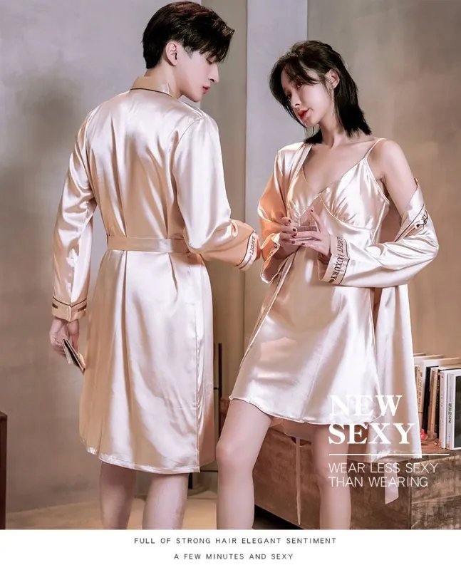 Couple ice silk nightgown summer thin section pajamas men and women sexy Korean version large size silk spring and autumn home service