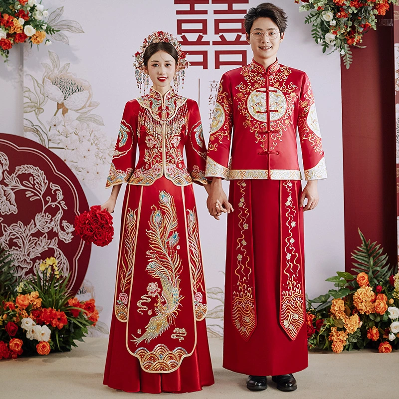 New bride satin wedding dress wedding Chinese style wedding dress dragon and phoenix gown couple suit Xiuhe