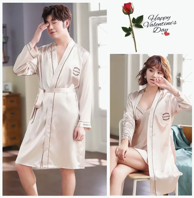 Couple ice silk nightgown summer thin section pajamas men and women sexy Korean version large size silk spring and autumn home service