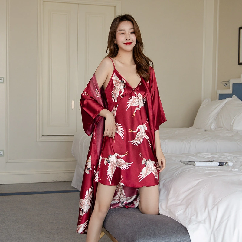 Couple pajamas spring and summer ice and snow silk print pajamas set crane couple wedding pajamas wedding red