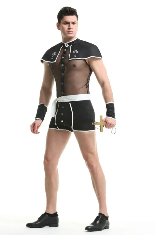 European and American Game Uniform Cosplay Sexy Perspective Priest Sexy Suit Men's Sexy Lingerie Sao Bag Clothing