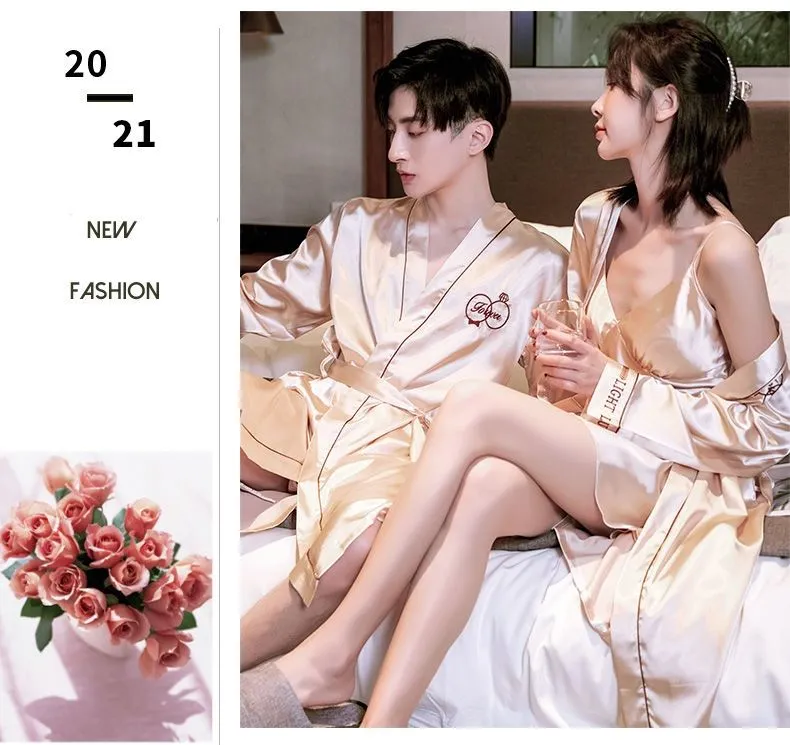 Couple ice silk nightgown summer thin section pajamas men and women sexy Korean version large size silk spring and autumn home service