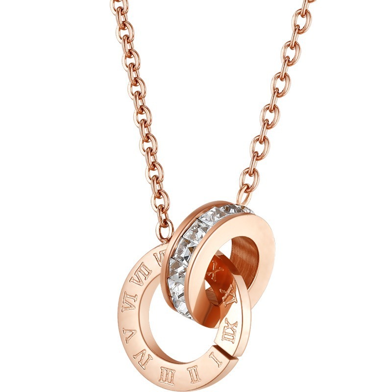 Rose Gold Necklace Women's Double Ring Pendant 18K Color Gold Clavicle Chain Platinum Set Chain Valentine's Day