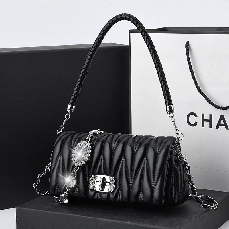 Leather women's bag new fashion all-match wrinkled sheepskin underarm bag rhinestone chain bag shoulder Messenger bag