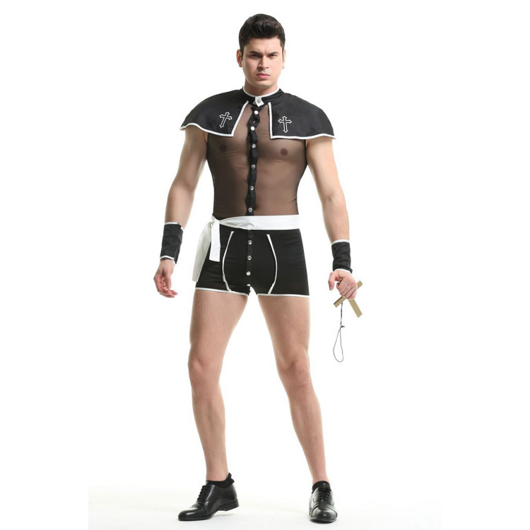 European and American Game Uniform Cosplay Sexy Perspective Priest Sexy Suit Men's Sexy Lingerie Sao Bag Clothing