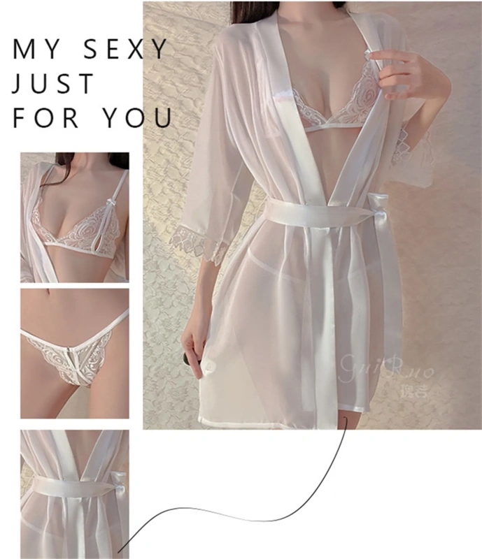 Sexy low chest dew breast temptation 3 o 'clock robe 3 sets uniform female suit