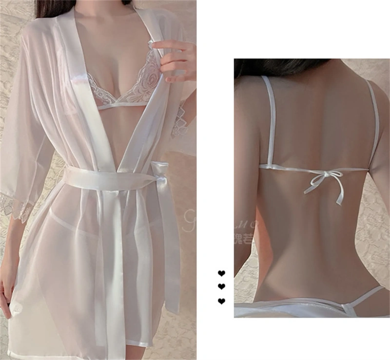 Sexy low chest dew breast temptation 3 o 'clock robe 3 sets uniform female suit