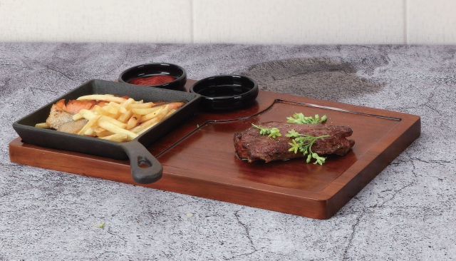 Wooden display stand w/casting iron pan