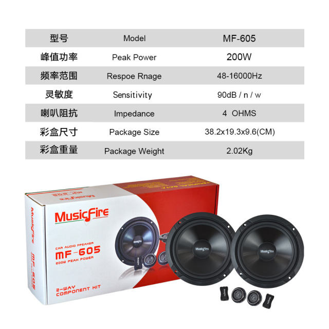 Musicfire 200W Car Audio Speaker Component Kit 6.5 Inch Speaker for Car MF-605