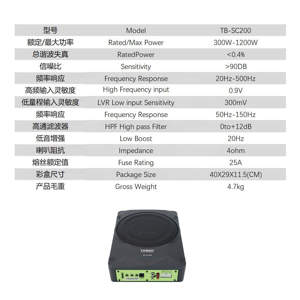 Innovation Design TANBX 8 Inch Plastic Under Seat Car Subwoofer TB-SC200 300-1200W 20Hz-500Hz