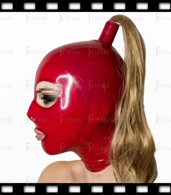 Latex Hoods Mask with Single Ponytail Blonde Wigs Big Eyes Cuting Sexy Hot Customized Catsuit Wear
