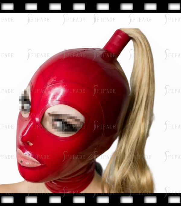 Latex Hoods Mask with Single Ponytail Blonde Wigs Big Eyes Cuting Sexy Hot Customized Catsuit Wear