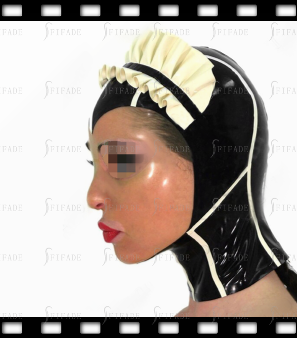 Latex Rubber Hoods Masks Maid Uniform Masks Top Ruffels White Trims Customized 0.4MM
