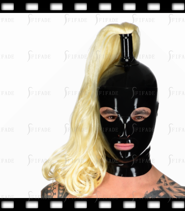 Latex Mens Hoods Mask with Single Blonde Wigs Customzied Big Eyes Style