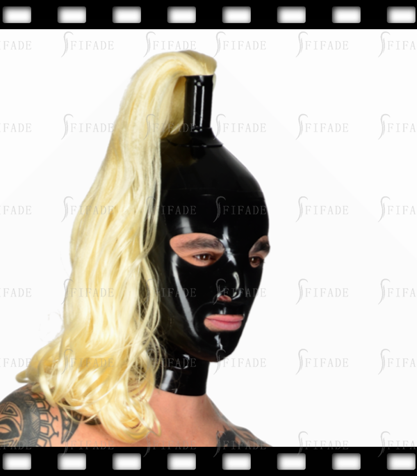 Latex Mens Hoods Mask with Single Blonde Wigs Customzied Big Eyes Style