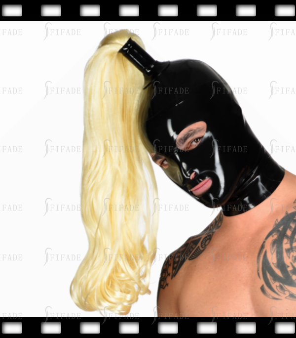 Latex Mens Hoods Mask with Single Blonde Wigs Customzied Big Eyes Style