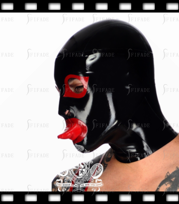 Latex Fetish Wear Rubber Hoods Mask Mouth Condom Mask Big Eyes Red Trims Customized