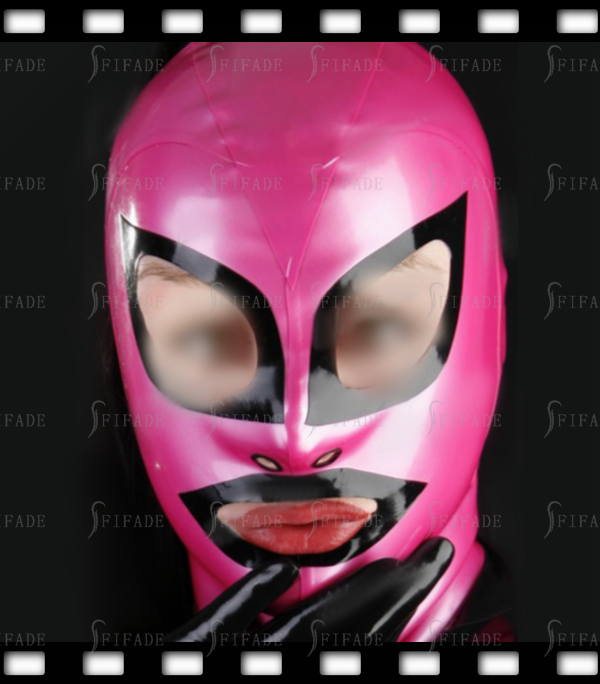 Latex Fetish Wear Rubber Hoods Masks with Neck Ring Pink Big Eyes Customized