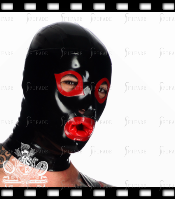 Latex Fetish Wear Rubber Hoods Mask Mouth Condom Mask Big Eyes Red Trims Customized