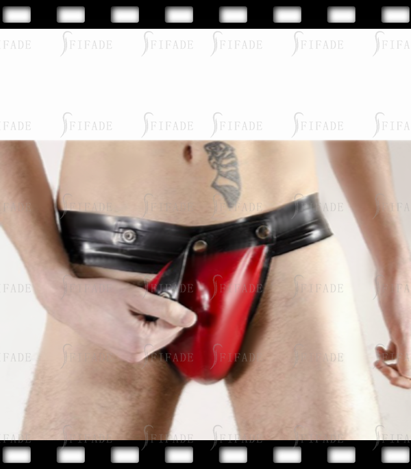 Latex T-Back Short for Mens Thong with Red Cod Piece Customized 0.4MM