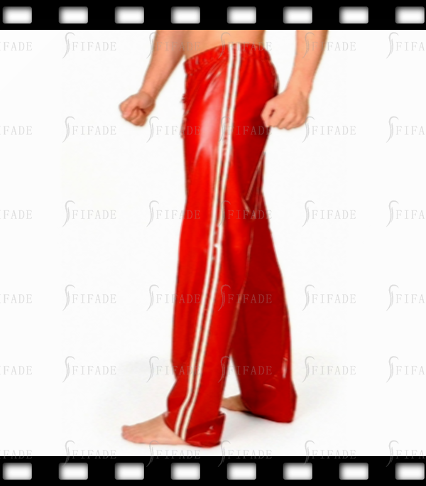 Latex Mens Pants Red with 2 White Trims Loose Style Customized 0.4MM