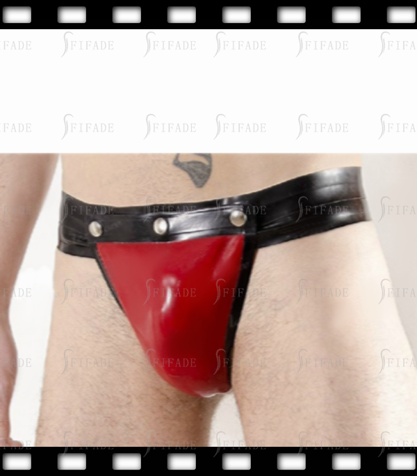 Latex T-Back Short for Mens Thong with Red Cod Piece Customized 0.4MM