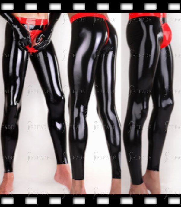 Latex Men's Leggings with Codpiece Waist Red Trims Fashionable Fitted Slim Customized 0.4MM
