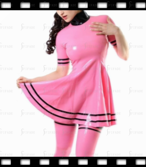 Latex Pleated Skirts Short Sleeves Dresses with Black Trims High Neck Hot Pink Customized 0.4mm