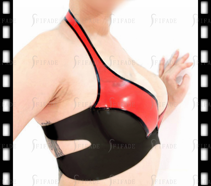 Latex Bar Halter Plunge Style Back Snap Black & Red Sexy Customized 0.4mm