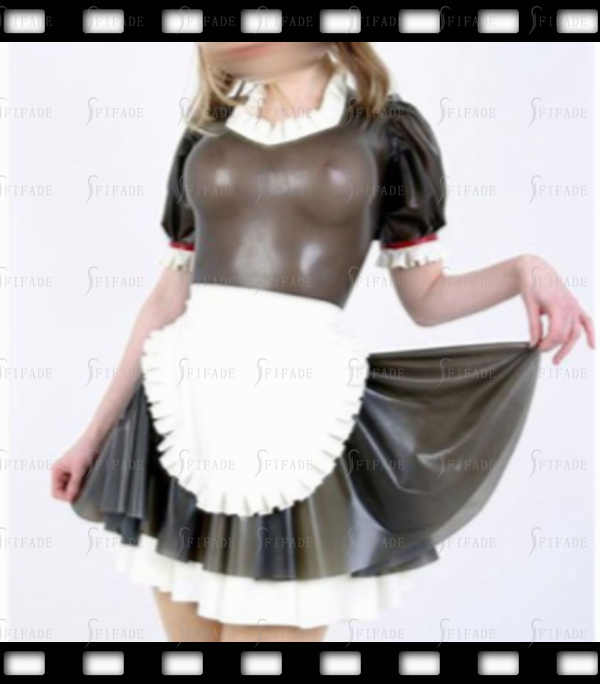 Latex Short Sleeves Maid Dresses with Apon Ruffles Back Zipper Customized 0.4mm