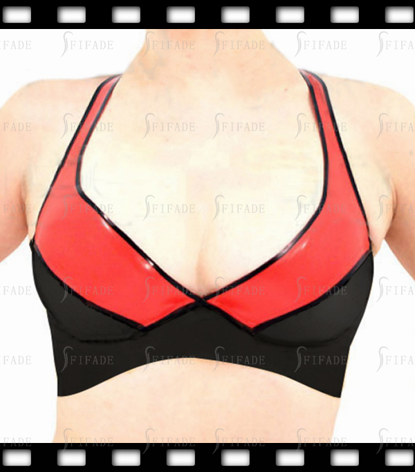 Latex Bar Halter Plunge Style Back Snap Black & Red Sexy Customized 0.4mm