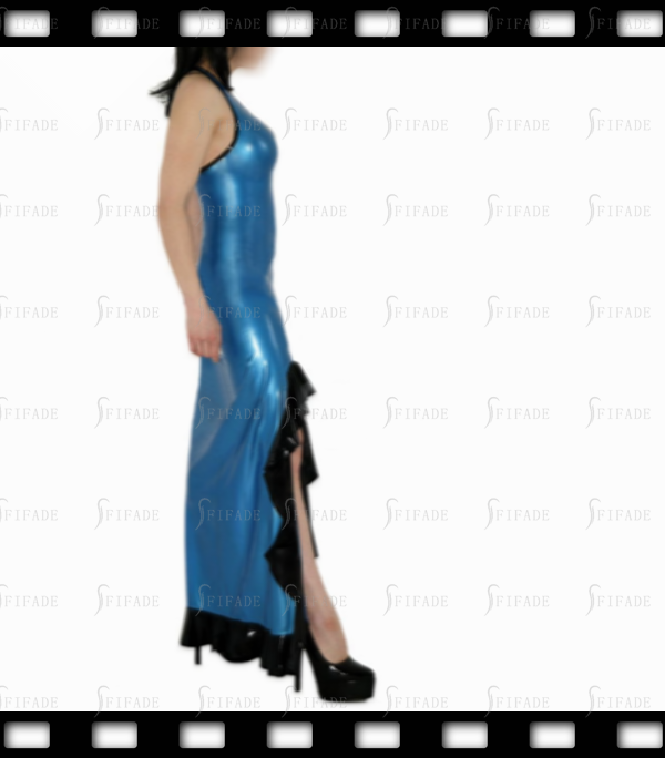 Latex Maxi Full Length Black Evening Gown No Zip High Split Bottom Ruffles Customized 0.4mm