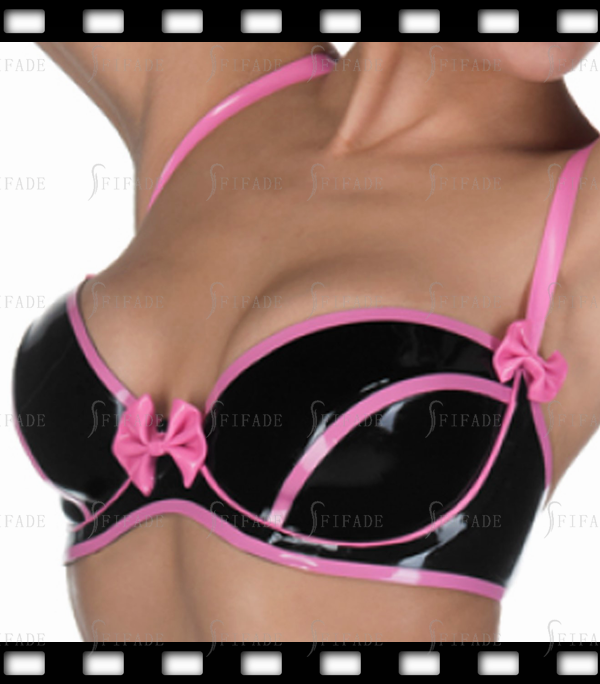 Latex Demi Bra with Bowknot Deco Back Strap Adjustable Trims Hot Pink Customized 0.4mm