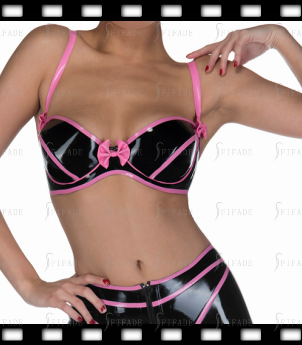 Latex Demi Bra with Bowknot Deco Back Strap Adjustable Trims Hot Pink Customized 0.4mm