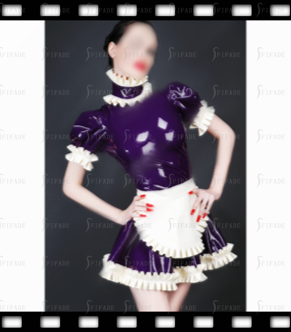 Latex Maid Dresses with Apon White Ruffles Back Zipper Customized 0.4mm