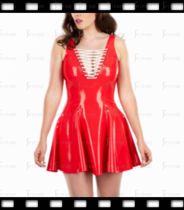 Latex Dress Short Length V Neck Drawstring Style Sleeveless Pleated Skirts Back Zip Customized 0.4mm