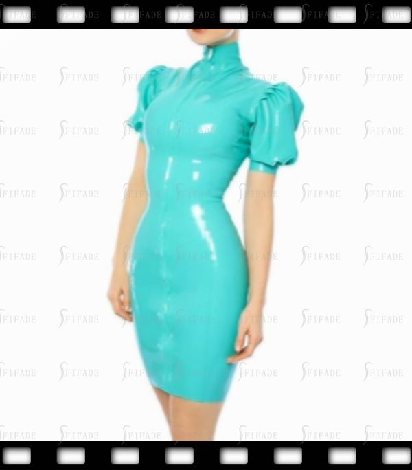 Latex Dress High Neck Mid Length Skirts Short Puff Sleeves Front 2 way Long Zip 0.4mm