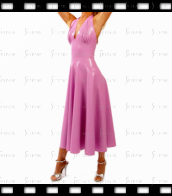 Latex Dress Halter Deep V Skirts Full Length Sun Dresses Cup Pleated Customized Back Zip 0.4mm