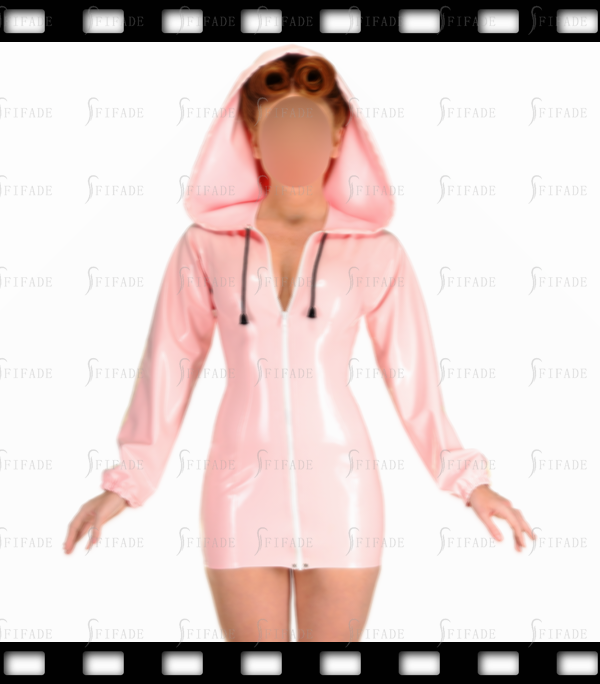 Latex Hoodie Dress Long Length Drawstring Hoodie Front Zip Metallic Pink Customized 0.4mm