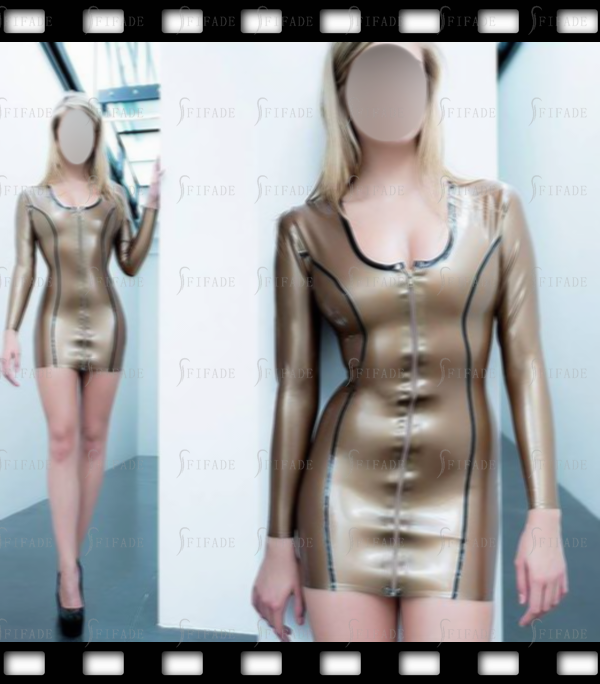 Latex Dress Deep Around Neck Princess Cutting Trims Mini Skirts Length Front Zip Customized 0.4mm