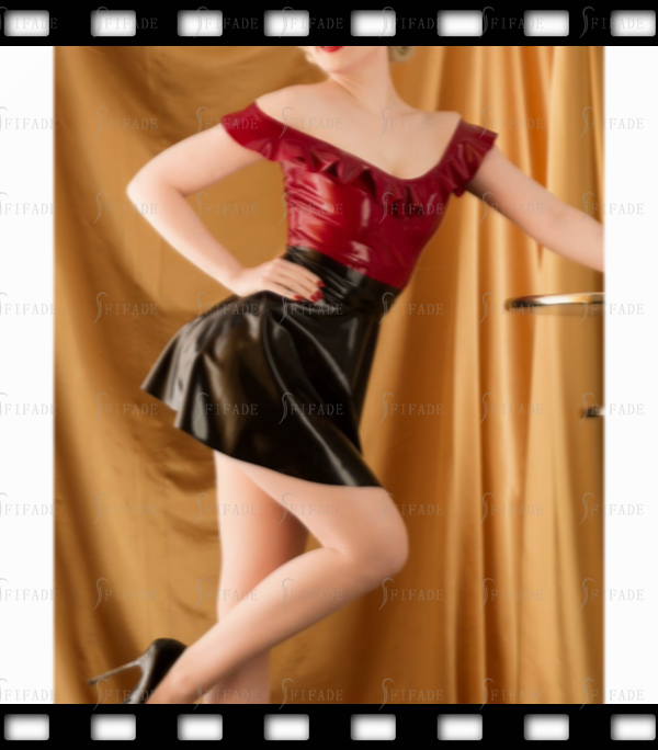 Latex Dress Short Length Off Shoulder Ruffles Back Zip Pleated Customized 0.4mm