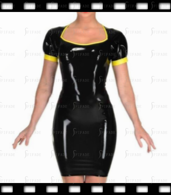 Latex Dress Mini Length Pencil Skirts Square Neck Short Sleeves Yellow Trims Back Zip Customized 0.4mm