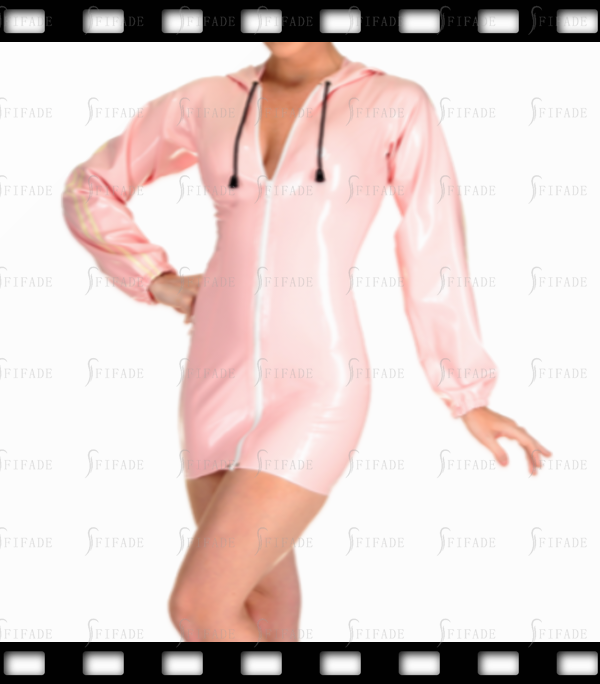 Latex Hoodie Dress Long Length Drawstring Hoodie Front Zip Metallic Pink Customized 0.4mm
