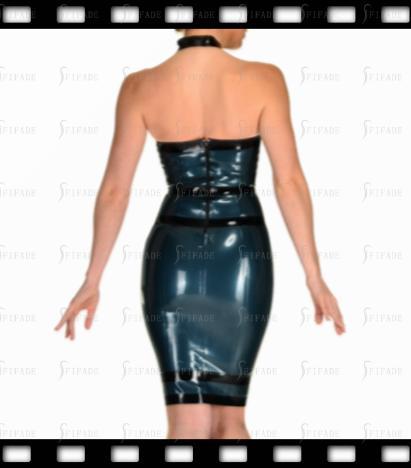 Latex Pencil Dress Cross Neck Straps Buckles Deco Back Zip Customized 0.4mm