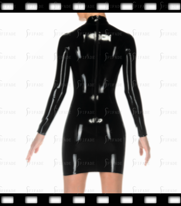 Latex Basic Dress Long Sleeves Mid Length Pencil Skirts Fitted Slim Back Zip Customized 0.4mm