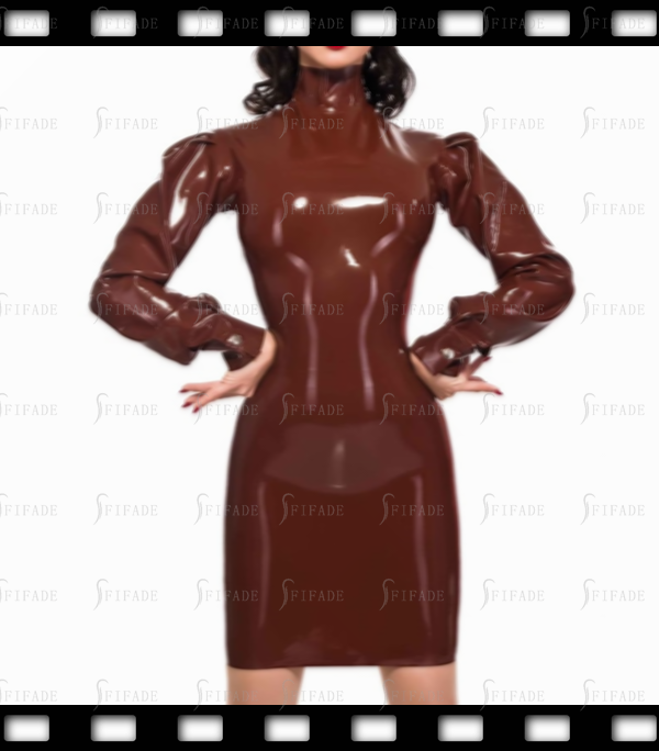 Latex Dress Classic Puff Long Sleeves with Cuffs Snap Button Back Long Zip Customized 0.4mm