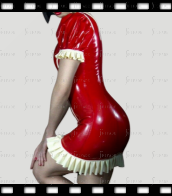 Latex Dress Unique Neck Style Short Sleeves Hot Red Sexy with White Ruffles Back Zip Customized 0.4mm