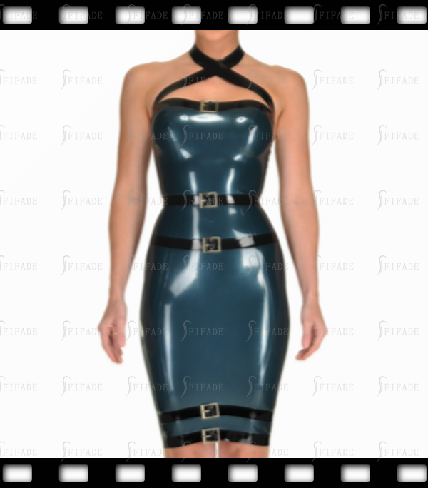 Latex Pencil Dress Cross Neck Straps Buckles Deco Back Zip Customized 0.4mm