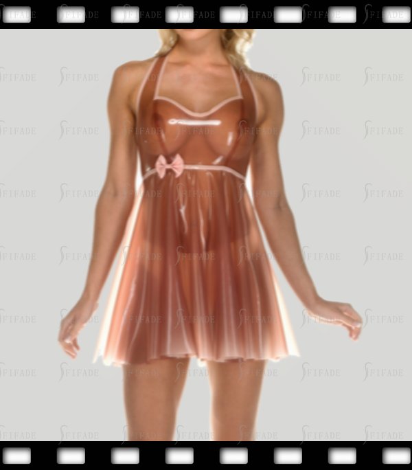 Latex Halter Dress Short Length Sun Skirts Waist Bowknot Line Cute Sweet Customized No Zip 0.4mm