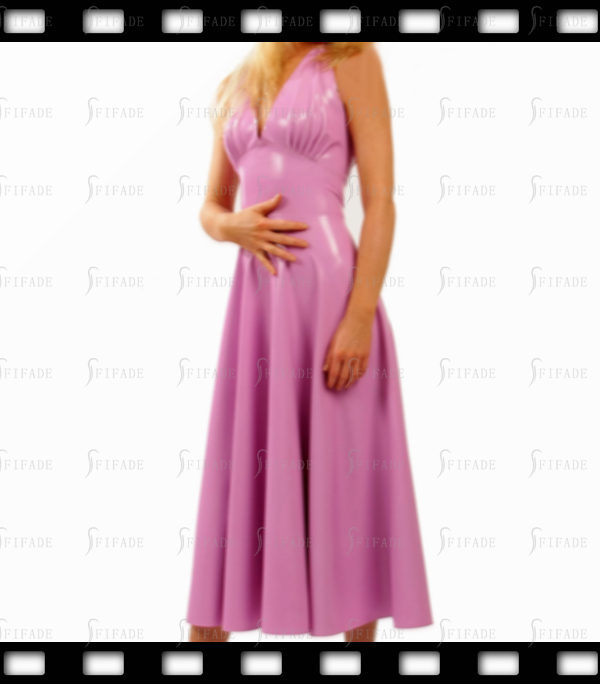 Latex Dress Halter Deep V Skirts Full Length Sun Dresses Cup Pleated Customized Back Zip 0.4mm